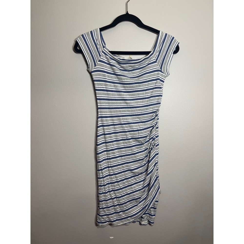 Soprano Striped Ruched Bodycon Midi‎ Dress Blue White Gray M